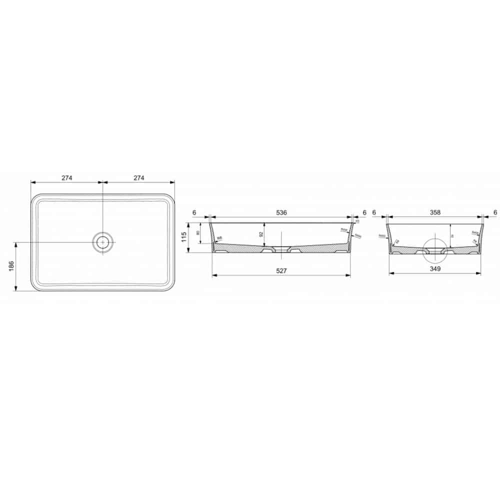 Bocchi Slim Line Dikdörtgen İnce Kenar Lavabo 55x38 cm-Parlak Beyaz