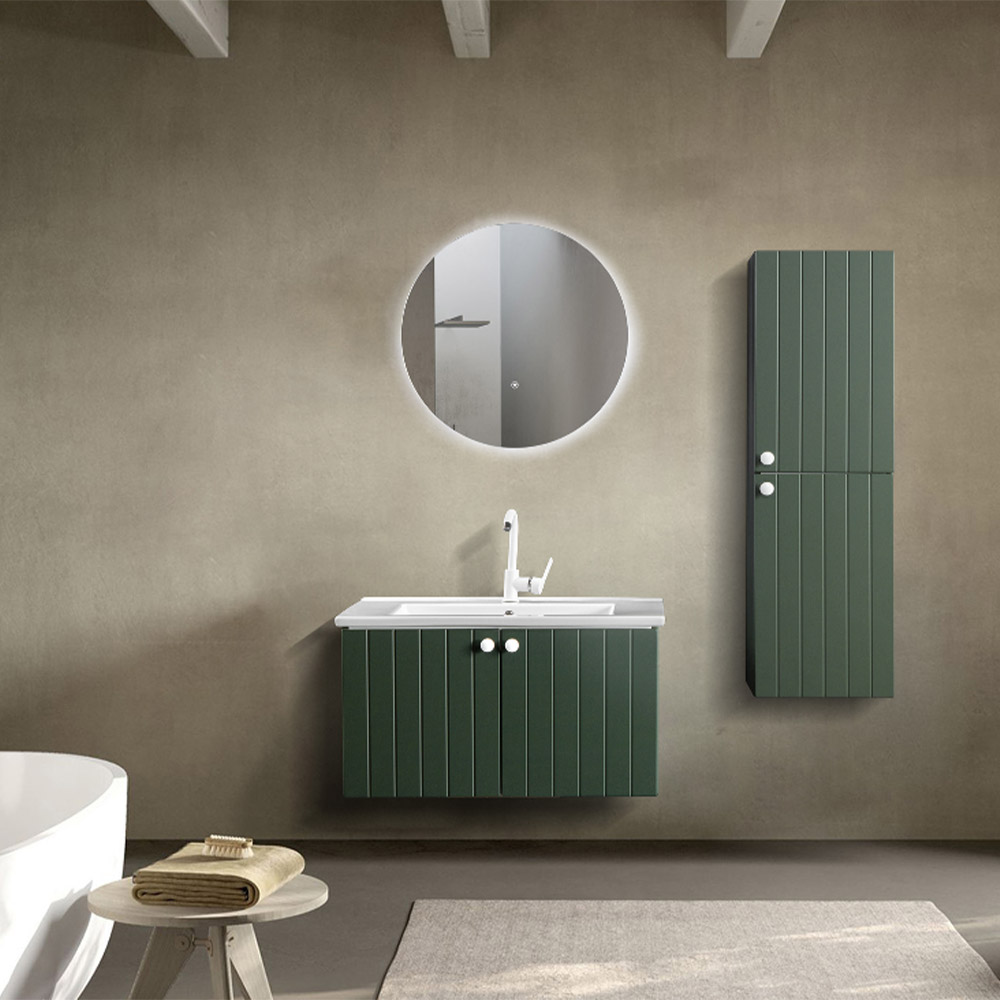 Bagnora D-Line 100 cm Banyo Dolabı ve Ledli Ayna İkili Set, Haki