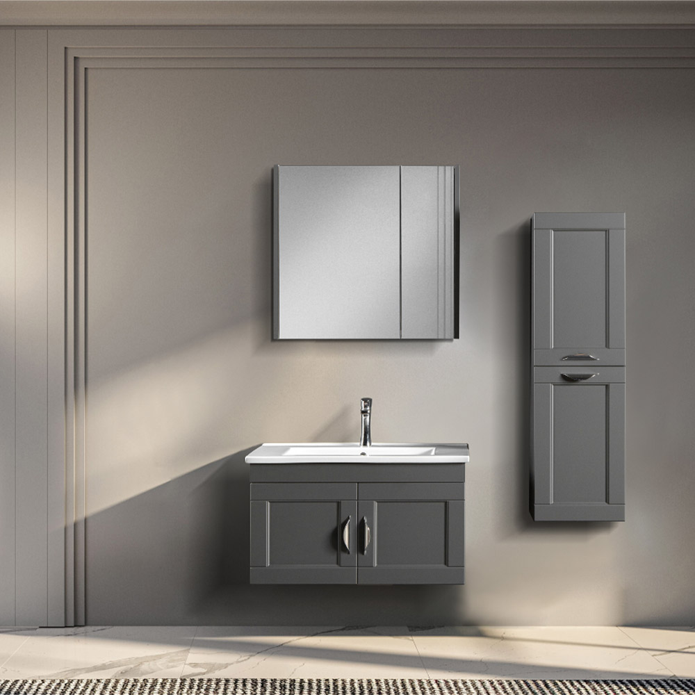 Bagnora Alaçatı 85 cm Banyo Dolabı ve Dolaplı Ayna İkili Set, Antrasit