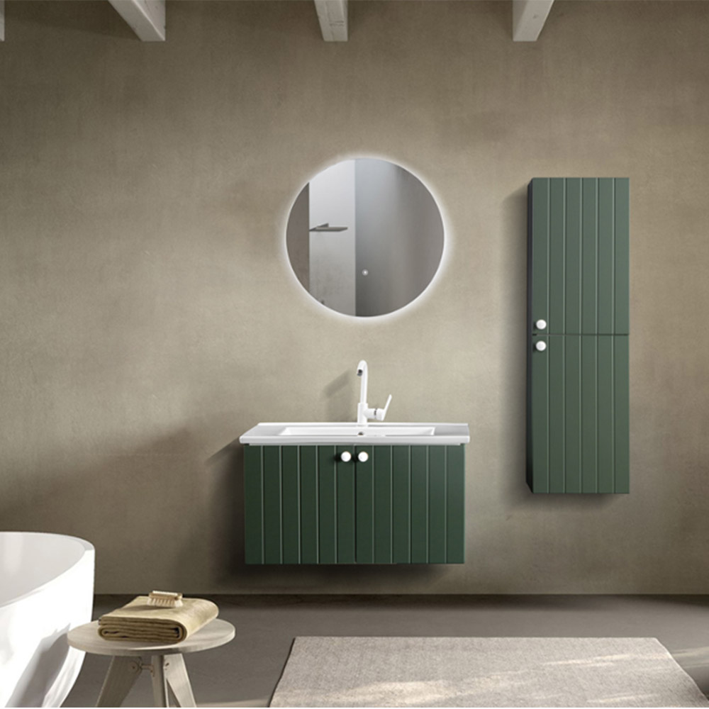 Bagnora D-Line 85 cm Banyo Dolabı ve Ledli Ayna İkili Set, Haki